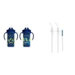 Two navy blue sippy cups with character design and two straws on a white background