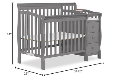 Dream On Me Jayden 4‑in‑1 Mini Convertible Baby Crib & Changer with Storage, Steel Grey, Pinewood, GreenGuard Gold & JPMA, 1” Mattress Pad, 3 Mattress Heights, Converts to Mini Day & Twin-Size Bed