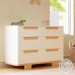 Babyletto Yuzu 6-Drawer Dresser with Over 10-Inch Drawer Extension in White and Natural, Greenguard Gold Certified