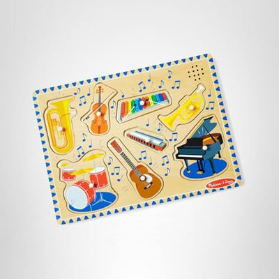 Melissa & Doug Musical Instruments Sound Puzzle - Wooden Peg Puzzle with Light-Activated Sound Effects (8 pcs) Wooden Peg Baby Music Learning Toys, for Toddlers and Preschoolers Ages 2+
