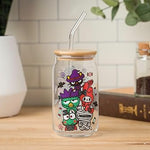 Silver Buffalo Sanrio Hello Kitty & Friends Halloween Spooky Badtz-Maru Frankenstein, Chococat Witch, My Melody Ghost, Keroppi Vampire, Mummy Glass Jar Tumbler w Bamboo Lid and Glass Straw, 16oz