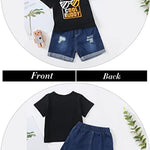 Kucnuzki Toddler Boy Clothes 2T 3T Boys Clothes Black Shirt Blue Jeans Shorts 2 Piece Outfits Short Set Little Boy Clothes 2 3 Year Old Boy Clothes