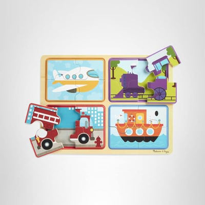Melissa & Doug Natural Play Wooden Puzzle: Ready, Set, Go (Four 4-Piece Vehicle Puzzles)