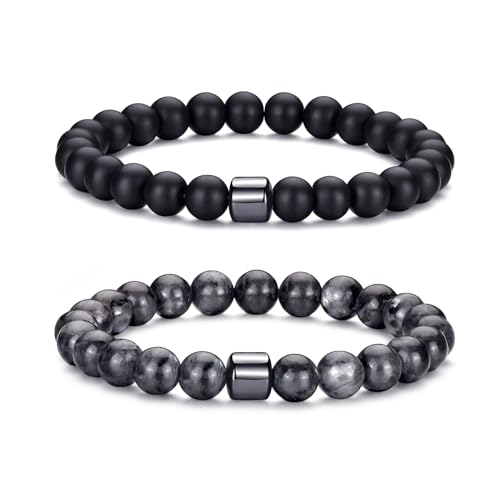 RANKEEF Tiger Eye Bracelet For Men 8MM Natural Stone Beads Bracelet Set Stretch Lava Rock Bracelets Adjustable Black Crystal Beaded Bracelet for Men Women Gifts