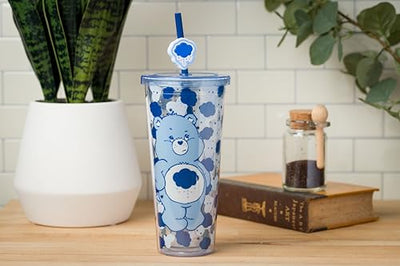 Silver Buffalo Care Bears Grumpy Bear Glitter Plastic Cold Cup with Lid and Straw Topper, 24 Ounces