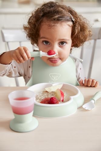 BabyBjörn Baby Dinner Set, 5 pcs, Powder green Includes Baby Plate, Baby Fork, Baby Spoon, and Baby Cup Dishwasher Safe Toddler feeding set for self-feeding or baby-led weaning