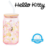 Silver Buffalo Sanrio Hello Kitty Gingerbread Cookies Christmas Holiday Pink and Gold Foil Glass Jar Tumbler with Bamboo Lid and Glass Straw, 16 Ounces