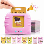 Pink educational toy with card labeled 'chocolate' and additional cards displayed on a white background.