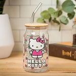 Silver Buffalo Sanrio Hello Kitty Strawberry Glass Jar Tumbler with Bamboo Lid and Glass Straw, 16 Ounces