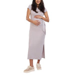 Motherhood Maternity Women's Short Sleeve Crew Neck Side Tie Detail Midi Casual Pregnancy Dress, Opal, Large