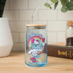 Silver Buffalo Sanrio Hello Kitty & Friends Floating Car Balloons Featuring Cinnamoroll, Pochacco, and Keroppi Glass Jar Tumbler with Bamboo Lid and Glass Straw, 16 Ounces