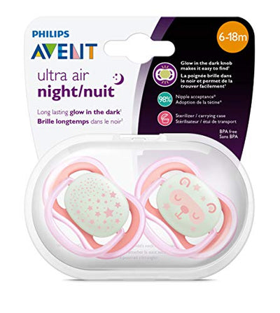 Philips AVENT Ultra Air Nighttime, 6-18 Months Pacifier, Pink, Pack of 4, SCF376/44