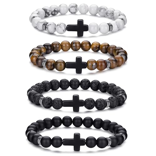 RANKEEF Tiger Eye Bracelet For Men 8MM Natural Stone Beads Bracelet Set Stretch Lava Rock Bracelets Adjustable Black Crystal Beaded Bracelet for Men Women Gifts