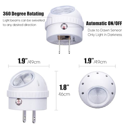 Emotionlite Plug-in Night Lights, Warm White LED Nightlight, 360° Rotation, Dusk to Dawn Sensor, Kids, Adult, Bedroom, Hallway, Bathroom,Kitchen, Stairways, Corridor, 6 Pack