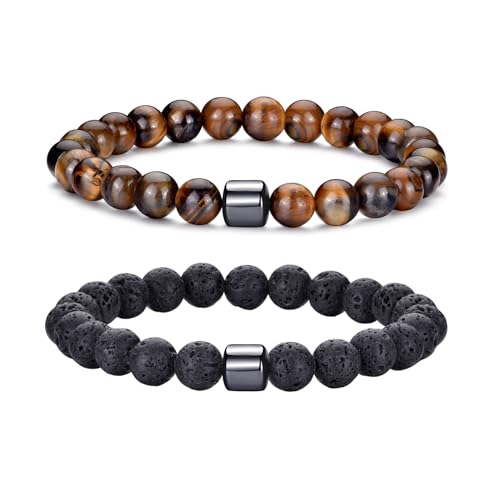 RANKEEF Tiger Eye Bracelet For Men 8MM Natural Stone Beads Bracelet Set Stretch Lava Rock Bracelets Adjustable Black Crystal Beaded Bracelet for Men Women Gifts