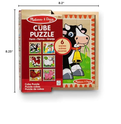 Melissa & Doug Farm Wooden Cube Puzzle with Storage Tray – 6-in-1 Animal Puzzle for Toddlers and Preschoolers – 16 Wooden Cubes – Farm Toy for Kids Ages 3+ - FSC Certified