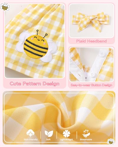 Toddler Baby Girl Clothes 18-24 Months Halter Ruffle Cute Dresses Baby Summer Outfit Button Up Plaid Yellow Dress Casual Sundress with Headband