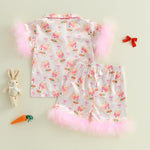 Toddler Girl Easter Pajamas Bunny&Bow Feather Trim Short Sleeve Shirt + Shorts 2 Piece Pajama Set Baby Sleepwear (Fuzzy Rabbit Pink, 2-3 Years)