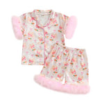 Toddler Girl Easter Pajamas Bunny&Bow Feather Trim Short Sleeve Shirt + Shorts 2 Piece Pajama Set Baby Sleepwear (Fuzzy Rabbit Pink, 2-3 Years)