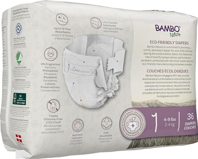 Bambo Nature Premium Baby Diapers - French/English Packaging, Size 1, 36 Count