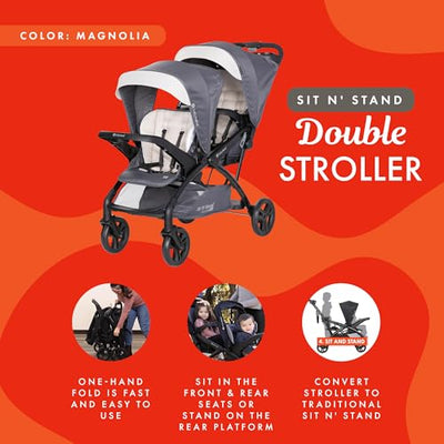 Baby Trend Sit N' Stand Tandem Double Stroller 2.0 DLX with 5 Point Safety Harness, Shaded Canopy, 2 Cup Holders, and Ample Storage Space, Magnolia