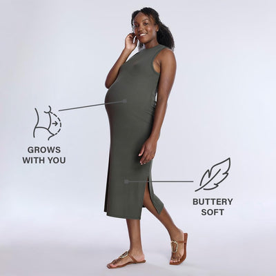 Motherhood Maternity Women's Sleeveless Crew Neck Rib Knit Midi Pregnancy Bodycon Dress, Soladite Blue, Small