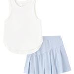 PATPAT Girls 2 Piece Tennis Skirt Set Size 10-11 White Tank Tops and Blue Skort Athletic Sets Sleeveless Shirts + High Waisted Pleated Skirt 2 Piece Outfits Girl Summer Clothes Workout Outfit