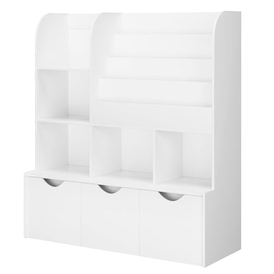 FOTOSOK 47'' Kids Bookcase and Bookshelf, Multifunctional Bookcase with 5 Storage Cubbies and 3 Movable Drawers, Bookcase Display Stand, Toy Storage Organizer for Bedroom, Playroom, Hallway, White