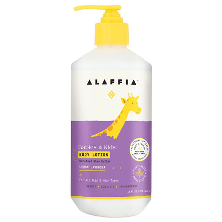 Alaffia body lotion bottle with a yellow pump and purple label on a white background