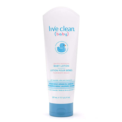 Baby lotion bottle with 'live clean (baby)' branding on a white background