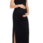 Smallshow Women's Split Long Maternity Dress Sleeveness Ruched Pregnancy Clothes Small Black