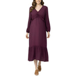 Motherhood Maternity Women's V-Neck Long Puff Sleeve Ruffle Midi Pregnancy Dress, Mauve Wine, Medium
