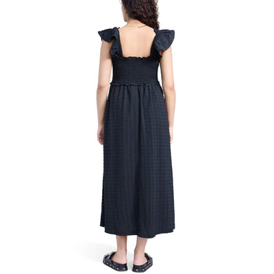 Motherhood Maternity Sleeveless Ruffle Shoulder Smocked Maxi Pregnancy Dress, Black, Large