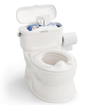 Portable toilet with a lid open, showing a container of wipes inside on a white background.