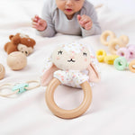 Pearhead Floral Bunny Wooden Baby Teething Ring, Natural Wood & Plush Infant Teether Rattle, BPA-Free Newborn Gum Soother, Easy-Grip Sensory Toy, 0 Months+