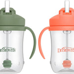Two Dr. Brown's sippy cups, one green and one orange, on a white background.
