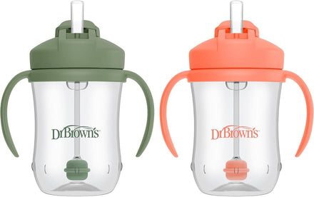 Two Dr. Brown's sippy cups, one green and one orange, on a white background.