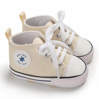 KKIIDDSS Unisex Baby Girls Boys Canvas High-top Shoes, Newborn Infant Anti-Slip Soft Sole Frist Walking Sneakers (A03/Beige,0-6 Months