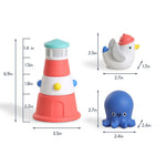 Itzy Ritzy Stack & Squirt Bath Toy Set for Babies and Toddlers – Includes Stackable Lighthouse and Water-Squirting Seagull & Octopus – Perfect for Sensory Bath Play (Nautical)