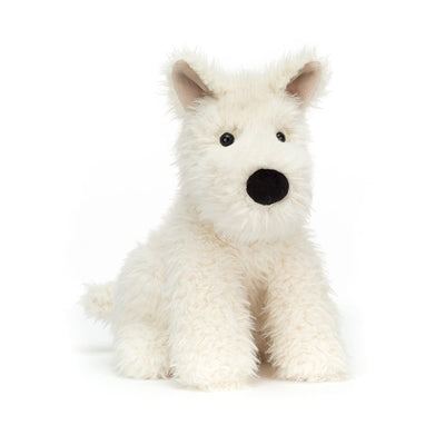 White plush dog toy with black nose on a white background