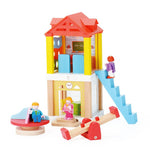 34-Piece Small Wooden Dollhouse for Toddlers, 2-Room Toy House with Seesaw, Merry-Go-Round, Furniture Accessories with 3 Dolls, Birthday Toys for Kids Ages 3-8 (4.09" x 4.09" x 9.45")