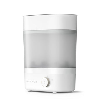 White and gray cylindrical device with a Philips logo on a white background