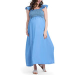 Motherhood Maternity Sleeveless Ruffle Shoulder Smocked Maxi Pregnancy Dress, Chambray, Medium