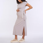 Motherhood Maternity Women's Short Sleeve Crew Neck Side Tie Detail Midi Casual Pregnancy Dress, Opal, Large