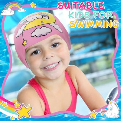 Syhood 3 Pcs Kids Swim Caps Baby Waterproof Bathing Caps Children Cartoon Swimming Hat for Long Short Hair Kids Boys Girls (Vibrant Color,Pink Unicorn)