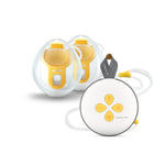 White and yellow electronic device with a clear plastic cover on a white background