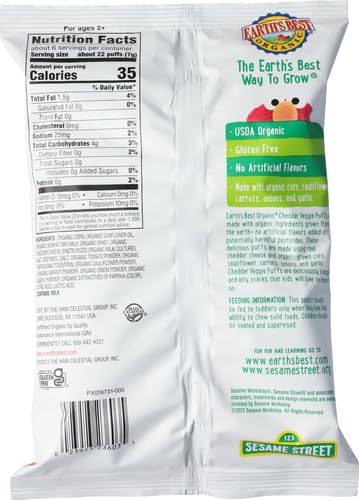 Earth's Best Organic Veggie Puffs for Toddlers 2 Years Old and Up, Cheddar Flavor, 1.55 Ounce Bag