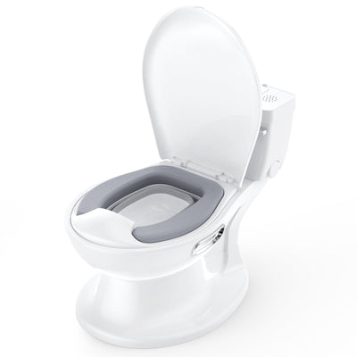 White toilet with a gray seat cover on a white background