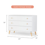 dadada Austin 3-Drawer Dresser for Nursery and Bedroom - Modern Design, Large Storage, Baby-Safe Finish, Anti-Tip Safety, Solid Wood Feet, Durable Construction (White+Natural)