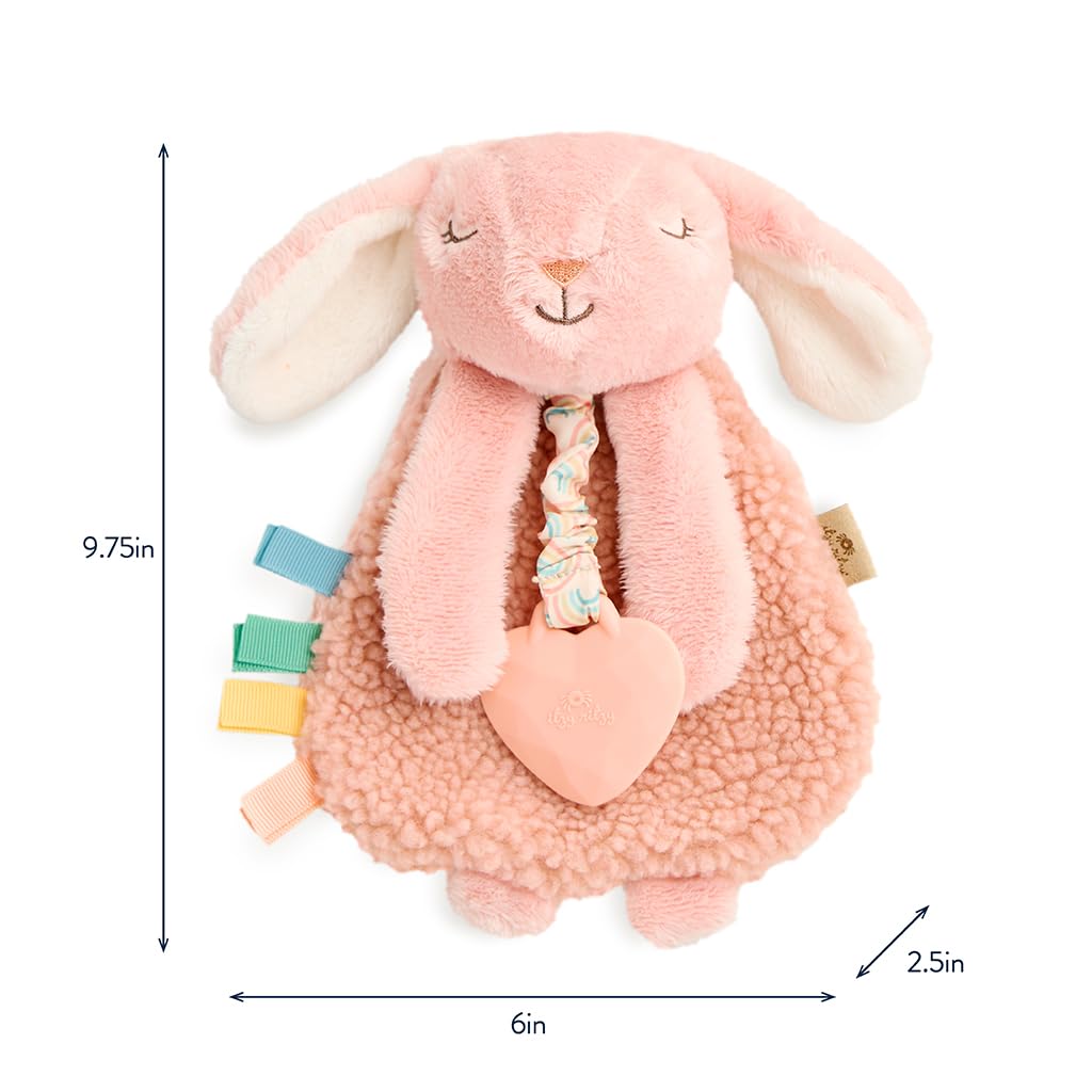 Itzy Ritzy - Itzy Lovey Including Teether - Baby Lovey with Teether, Textured Ribbons & Dangle Arms - Features Crinkle Sound, Sherpa Fabric and Minky Plush (Pink Bunny)